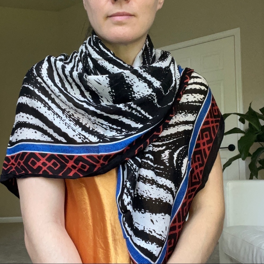 Lightweight Black and White Zebra Red Trim Scarf